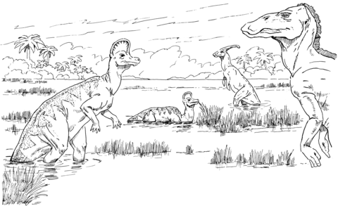 Trachodon, Parasaurolophus, Anatosaurus And Corythosaurus Coloring Page